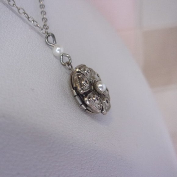 Pearl Accent Silver Tone Floret Locket Necklace - Picture 4 of 11